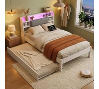 Cama infantil de 120 x 200 y 90 x 200 cm, cama funcional con cama nido y | Cama individual con cabecero tapizado, estante de cabecero, base de carga y barra de luz LED, cama de madera para niños