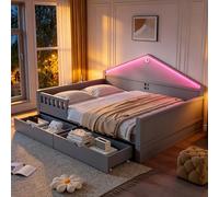 Cama infantil de 140 x 200 cm, cama doble con iluminación LED, diseño en forma de casa, con 2 cajones inferiores, cama adolescente con somier de láminas, gris (colchón no incluido)