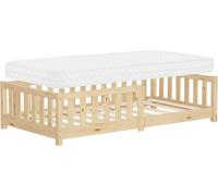 Cama infantil de 80x160 cm, color natural, con colchón, tipo suelo. Incluye barandillas de seguridad. Cama junior de madera maciza para niños pequeños