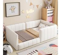 Cama infantil de 90 x 200 cm, cama con protección anticaídas, para niños y | Montessori - Cama tapizada con somier y barandilla para niños y niñas, tela de terciopelo, sin colchón