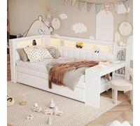 Cama infantil de 90x200 cm, cama individual con cabecero acolchado, estante con luces LED, cama multifuncional con escritorio, toma de corriente USB y cama extraíble, estructura de cama de madera con 
