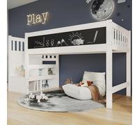 Cama infantil de 90x200 cm fabricada en madera maciza y MDF, cama alta de color blanco con armario escalonado, pizarra blanca, barandilla de seguridad y somier