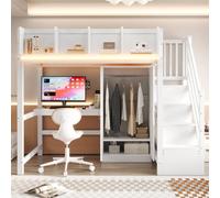 Cama infantil de 90x200 con enchufes eléctricos y escritorio integrado, cama doble con armario y luces LED, cama individual de color blanco, sin colchón