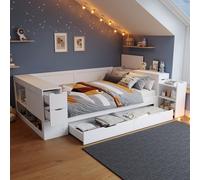 Cama infantil de madera, modelo multifuncional 140x200, tipo sofá-cama, con cajones, estanterías, armarios de almacenamiento y mesitas de noche, sin colchón. Color blanco