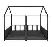 Cama infantil de metal 90×200 cm, diseño doble con modelado en forma de casa y barandilla de seguridad, sin colchón, Negro