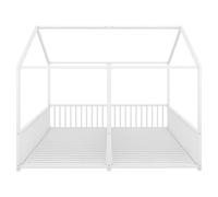 Cama infantil de metal 90×200 cm, diseño doble con modelado en forma de casa y barandilla de seguridad, sin colchón, Blanco