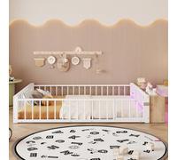 Cama infantil de metal de 140x200 con pequeñas puertas correderas, cama de matrimonio con barandilla y estantes abiertos, cama baja con tira de LED, sin colchón, color blanco