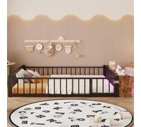 Cama infantil de metal MODFU, 140x200 cm, con pequeñas puertas correderas, cama de matrimonio con barandilla y estantes abiertos, cama baja con tira de LED, sin colchón, color