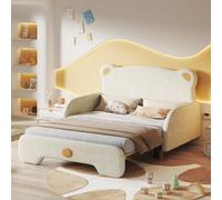 Cama infantil Flieks de 140x110 cm / 140x200 cm, sofá cama con cama extraíble, cama para invitados, cama multifuncional con cabecero con forma de orejas de oso, terciopelo, color beige