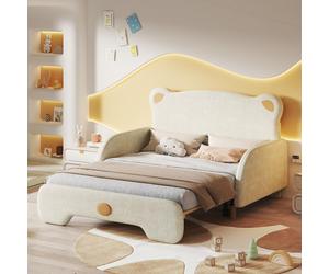 Cama infantil Flieks de 140x110 cm / 140x200 cm, sofá cama con cama extraíble, cama para invitados, cama multifuncional con cabecero con forma de orejas de oso, terciopelo, color beige