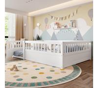 Cama infantil Flieks de 140x190 cm con puerta abatible, cama baja de matrimonio con somier, cama infantil clásica con protección anticaídas, color blanco