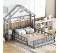 Cama infantil Flieks de 140x200 cm con barandillas de protección y mesita de noche, cama con suelo tipo casita, cama infantil de madera, cama doble, color gris