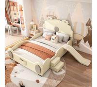 Cama infantil Flieks de 140x200 cm con tobogán, cama infantil con barandillas de protección y somier, cama infantil tipo suelo con escalera, cama infantil clásica, material: PU