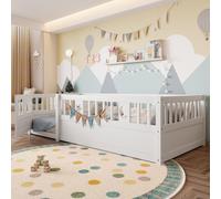 Cama infantil Flieks de 90x190 cm con puerta abatible, cama baja individual sin somier, cama infantil clásica con protección anticaídas, color blanco