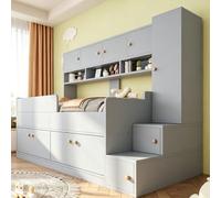 Cama infantil Flieks de 90x200 cm con cabecero de cuero, estructura de madera, con espacio de almacenamiento y armario. Cama juvenil clásica con armario y escalera, color gris