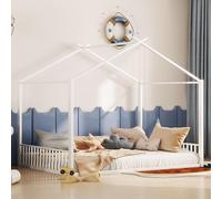 Cama infantil Flieks, modelo "casa", 140x200 cm, cama con base de láminas, cama infantil tipo suelo, estructura de hierro para habitación infantil, color blanco