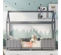 Cama infantil Flieks, modelo casa, 90x200 cm. Cama para niños con protección anticaídas y somier, cama con base de madera de pino, color gris