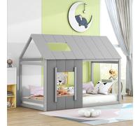 Cama infantil Flieks, modelo casa, de 90x200 cm, con protección anticaídas, cama con suelo, cama individual de madera, cama tipo casita con somier, color gris