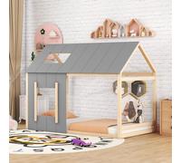 Cama infantil Flieks, modelo casa, de 90x200 cm, con protección anticaídas, cama con suelo, cama individual de madera, cama tipo casita con somier, en madera natural