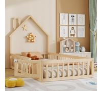 Cama infantil Flieks, modelo casa, de 90x200 cm, con somier, cama con suelo, barandillas de seguridad y puerta. Cama individual de madera para habitación infantil, cama tipo casita con acabado natural