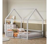 Cama infantil Flieks, modelo suelo, de 140x200 cm, con puerta. Cama tipo casita para niños, con somier, estructura de madera, cama doble para habitación infantil, color blanco