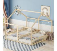 Cama infantil Flieks, tipo casa, de 90x200 cm, para 2 niños. Cama baja de madera maciza con protección anticaídas y somier. 2 camas individuales que se pueden unir para formar una cama doble. Color ma