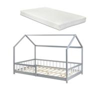 Cama infantil hesel en forma de casa con reja y colchón 120x200cm - gris [en.casa]