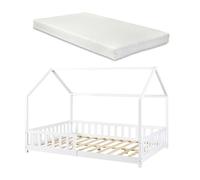 Cama infantil hesel en forma de casa con reja y colchón 140x200cm - blanco [en.casa]