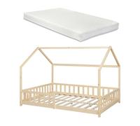 Cama infantil hesel en forma de casa con reja y colchón 140x200cm - natural [en.casa]