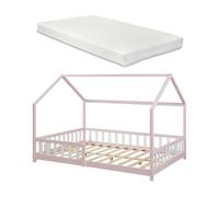 Cama infantil hesel en forma de casa con reja y colchón 140x200cm - rosa [en.casa]