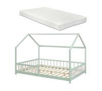 Cama infantil hesel en forma de casa con reja y colchón 140x200cm - verde menta [en.casa]