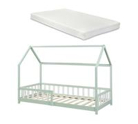 Cama infantil hesel en forma de casa con reja y colchón 90x200cm - verde menta [en.casa]