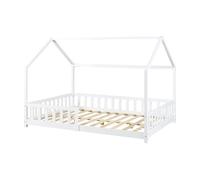 Cama infantil hesel en forma de casa pino con reja 120x200cm - blanco [en.casa]