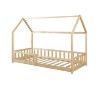 Cama infantil hesel en forma de casa pino con reja 90x200cm - natural [en.casa]