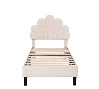 Cama Infantil Individual 90x200 cm Beige Tapizada, Cama Juvenil Moderna con Cabecero Forma Flor, Cama Suave para Dormitorio Infantil y Habitación de Niños
