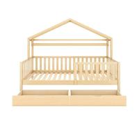 Cama infantil juvenil 90x200 - diseño casita con cajones y somier de madera maciza de pino - natural