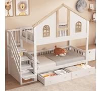 Cama infantil litera 90 x 200 cm, cama alta con ventana, 2 cajones con ruedas y escalera con 4 estantes, cama doble con somier y protección anticaídas, cama juvenil, pino, sin colchón, color blanco 1