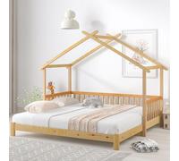 Cama infantil Merax de 90x200 cm / 180x200 cm. Cama extensible. Casa de juegos infantil con barandillas de protección y techo. Cama individual y cama doble de madera maciza