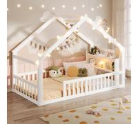 Cama infantil modelo "Haus" de 90x190 cm de la marca Flieks, con barandillas, diseño de cama con base y estante, cama baja de madera, cama individual con protección anticaídas, ideal para habitaciones