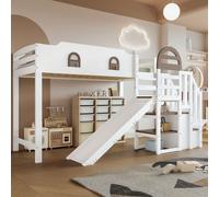 Cama infantil MODFU, cama superpuesta, 90x200 cm, cama alta con ventana y tobogán, escalera con barandilla y 2 compartimentos cerrados, sin colchón, color blanco y marrón