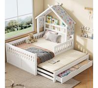 Cama infantil MODFU de 140x200 cm con estructura de madera y 3 cajones, cama de matrimonio con barandillas de seguridad, diseño tipo cabaña, cama con litera abatible, incluye colchón, color blanco