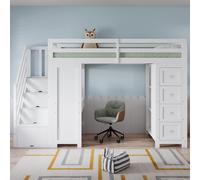 Cama infantil MODFU de 90 x 200 cm, cama alta multifuncional para jóvenes, con zona de descanso, escritorio integrado y espacio de almacenamiento, sin colchón, color blanco