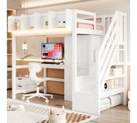 Cama infantil MODFU de 90 x 200 cm, cama juvenil multifuncional con LED, cama alta con escritorio, armario y espacio de almacenamiento, con escalera, color blanco (sin colchón)