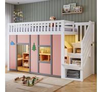 Cama infantil MODFU de 90x200 cm, cama alta con escalera con espacio de almacenamiento, cama juvenil con luces LED, área de juegos y protección anticaídas, sin colchón, color blanco