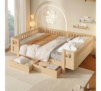 Cama infantil okwish de 140x200 cm con barandilla de seguridad y espacio de almacenamiento, cama plataforma con dos cajones, estructura de madera en color natural, sin colchón