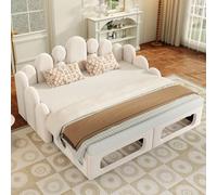 Cama infantil okwish de 90/180x200, sofá convertible 2 en 1, cama tapizada multifuncional, con somier de láminas y respaldo, tapizada en tela de terciopelo, color beige (sin colchón)