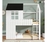 Cama infantil okwish de 90x200 cm con barandilla de seguridad y escalera de tres escalones, cama alta con ventana, cama con forma de casita en color blanco, sin colchón