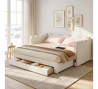 Cama infantil okwish de 90x200 cm con cama extraíble y cajones, camas tipo sofá con puerto USB, tapizada en bou olor beige, sin colchón