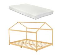 Cama infantil simple vindafjord en forma de casa con colchón bambú 120 x 200 cm - color natural [en.casa]