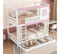Cama infantil STILVORA, 90 x 200 cm, cama alta con estante abierto y espacio de almacenamiento, sin colchón, cama juvenil con ventanas y cortinas, estructura de cama con barandilla de protección, 2 ca